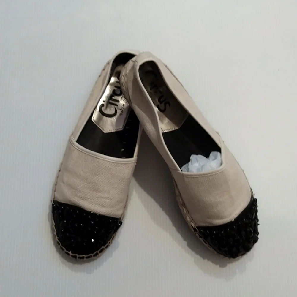 - Circus cream black beaded toe espidrille shoes